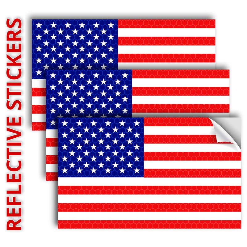 Venicor 3PC Reflective American Flag Sticker - 5x3 Inches - American Flag Decal Stickers for Car Bumper Truck Window Small Auto Vehicles Helmet - USA Patriotic Stripe Vinyl Outdoor - Image 1